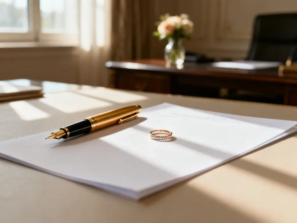 Eleganckie pióro wieczne i obrączka ślubna na białym dokumencie, symbolizujące formalne przygotowania do ślubu.