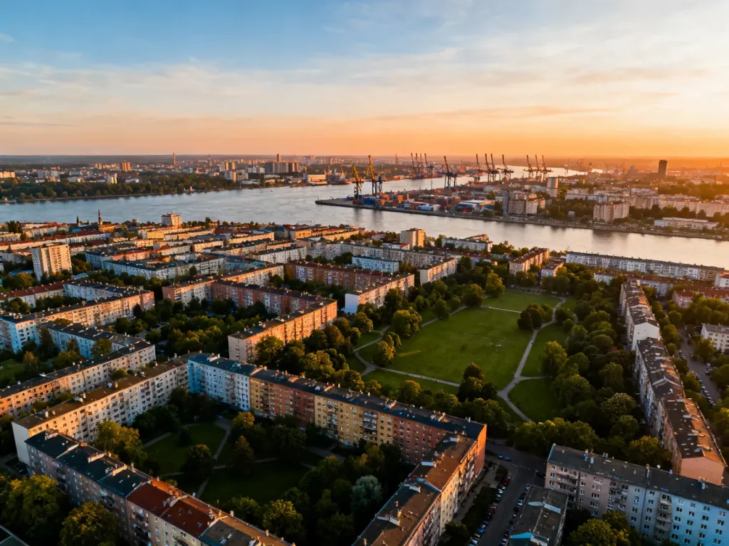 Panorama Szczecina o zachodzie słońca z gęstą zabudową mieszkaniową, parkami i portem nad rzeką, no text on the picture