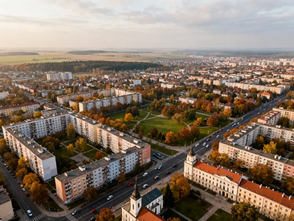 Panorama Białegostoku z lotu ptaka, z blokami, zabytkami i zielenią, rozciągającą się aż po lasy na horyzoncie; no text on the picture